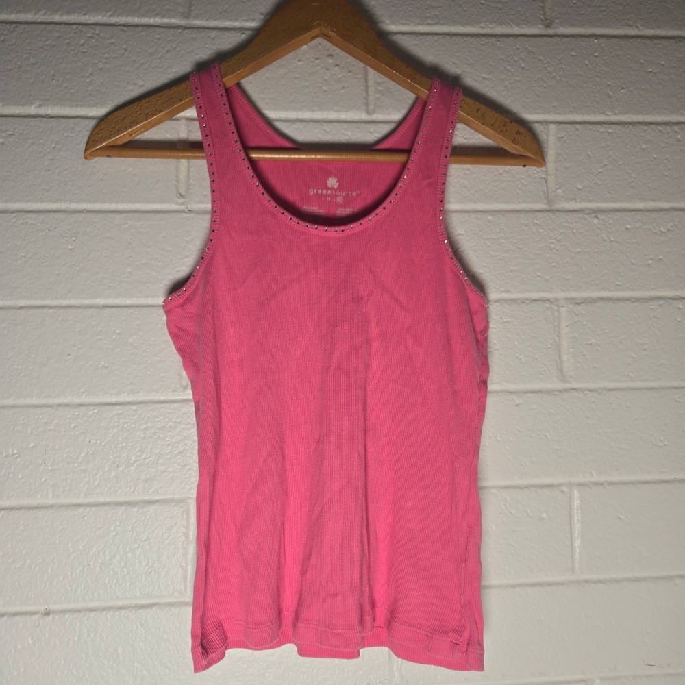 Greensource Womens Tank Top Pink Ribbed Studded XL Organic Cotton Y2K Bling Boho
